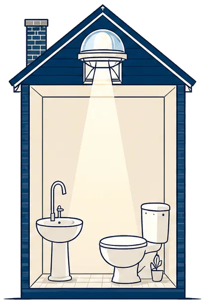 Cut-away of an internal bathroom lit by a sun tunnel.