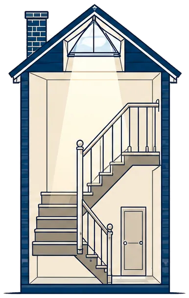 Cut-away of a stairwell lit from a roof window above.