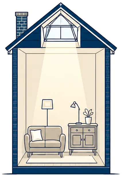 Cut-away of a sitting room in the middle of a terrace, lit from a rooflight.
