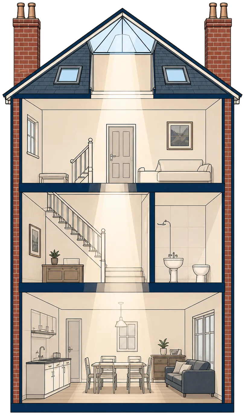 Cut-away drawing of a three-storey Yorkshire terrace: daylight from a roof lantern falls through the landing, the stairwell and the kitchen below.