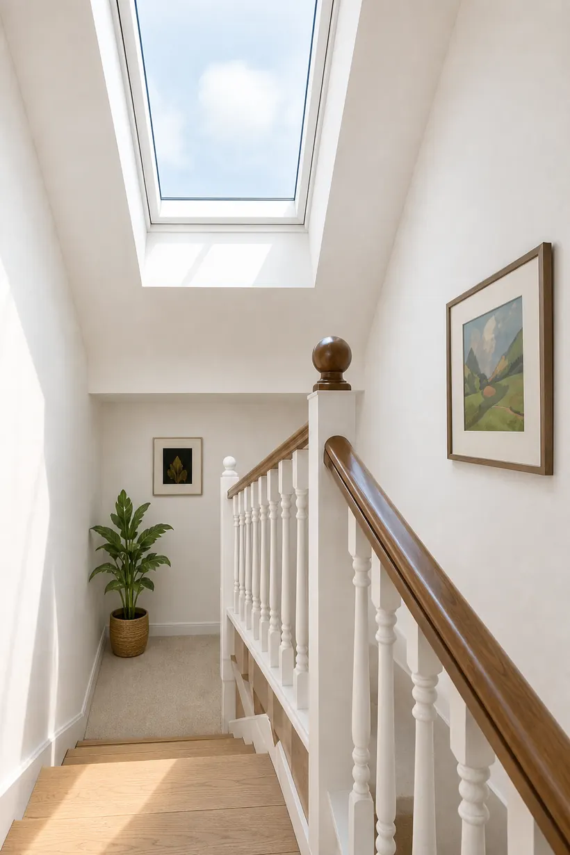 A bright white landing with a painted banister, lit from above by a roof window.