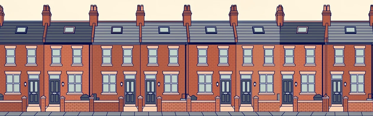 A row of eight red-brick Leeds terraced houses under a slate roof, drawn in elevation, each with a rooflight letting a shaft of daylight down into the house.