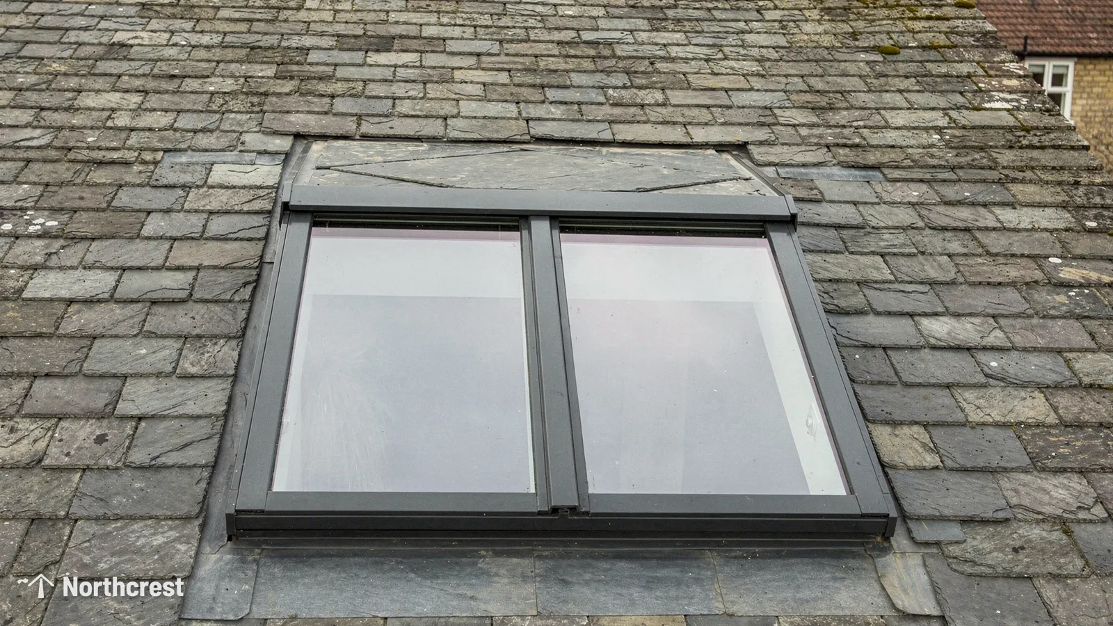 Conservation-style roof window with central glazing bar set low into an old natural slate roof