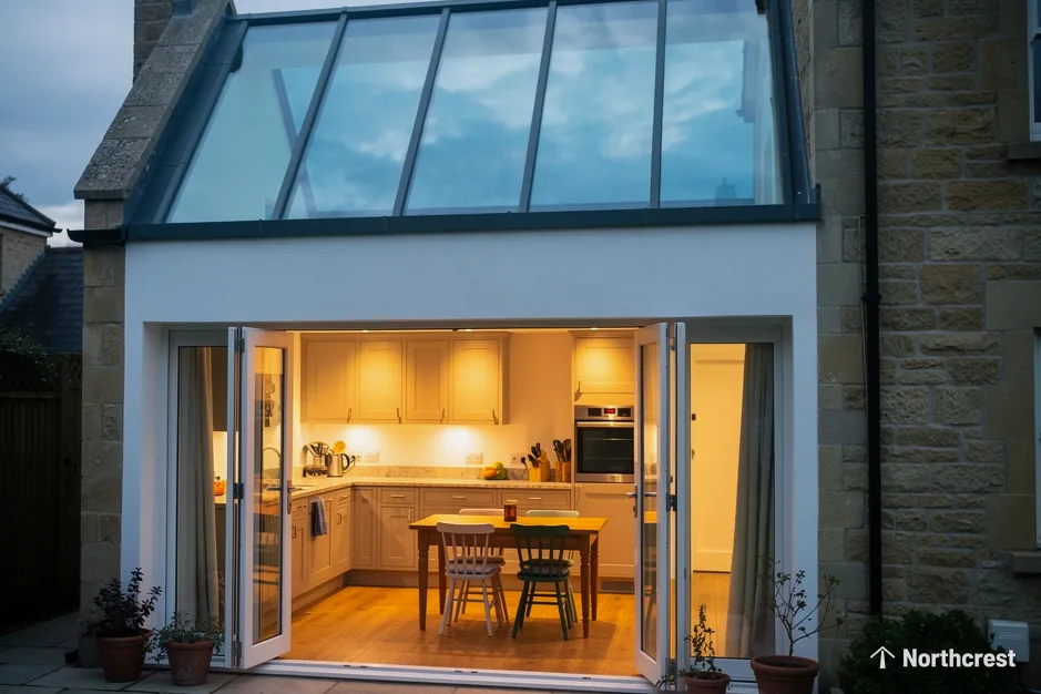 Stone house with a glazed pitched roof extension at dusk, bifold doors open to a lit kitchen