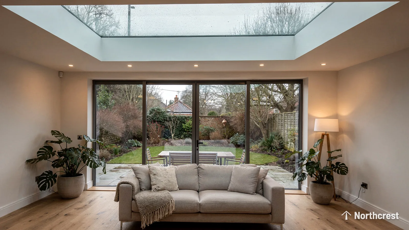 Living room extension with a sofa beneath a large frameless flat rooflight and glazed doors to the garden