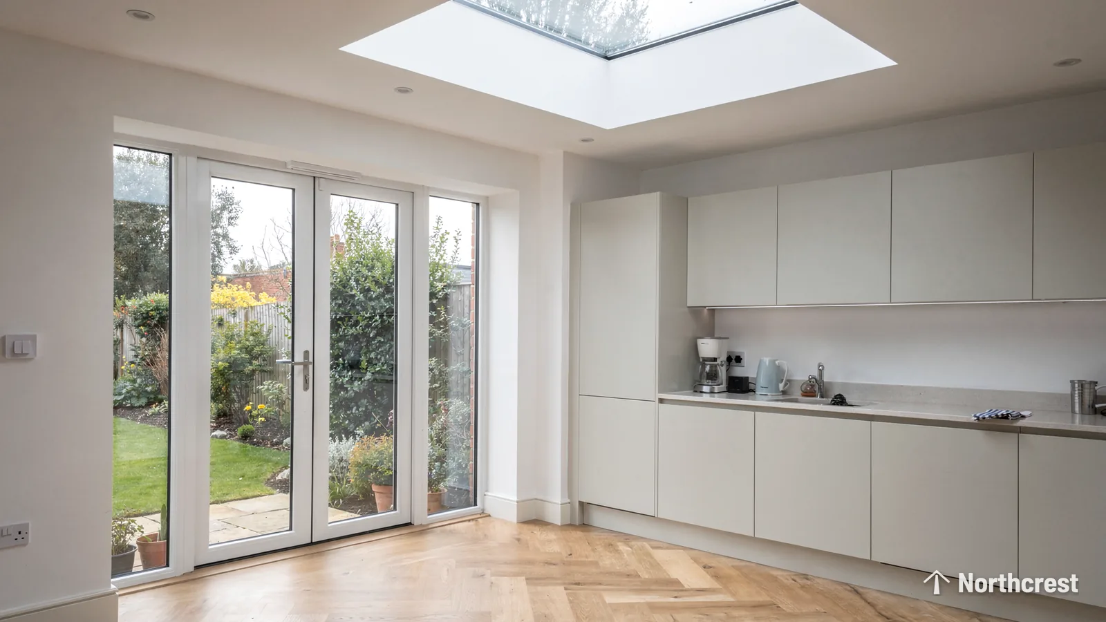 Bright kitchen extension with a large flat rooflight above white handleless units and French doors to the garden