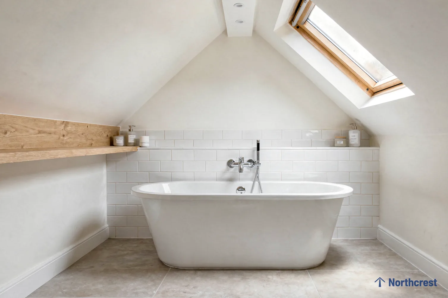Loft bathroom with freestanding bath, metro tiles and timber shelf under a pine roof window