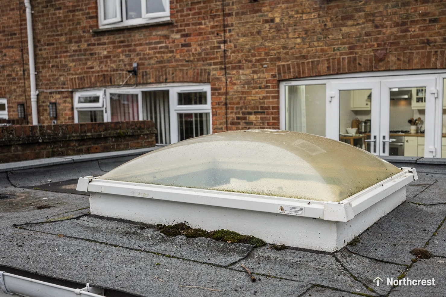 An old yellowed dome rooflight on a worn felt flat roof, with moss growing beside the patio doors below