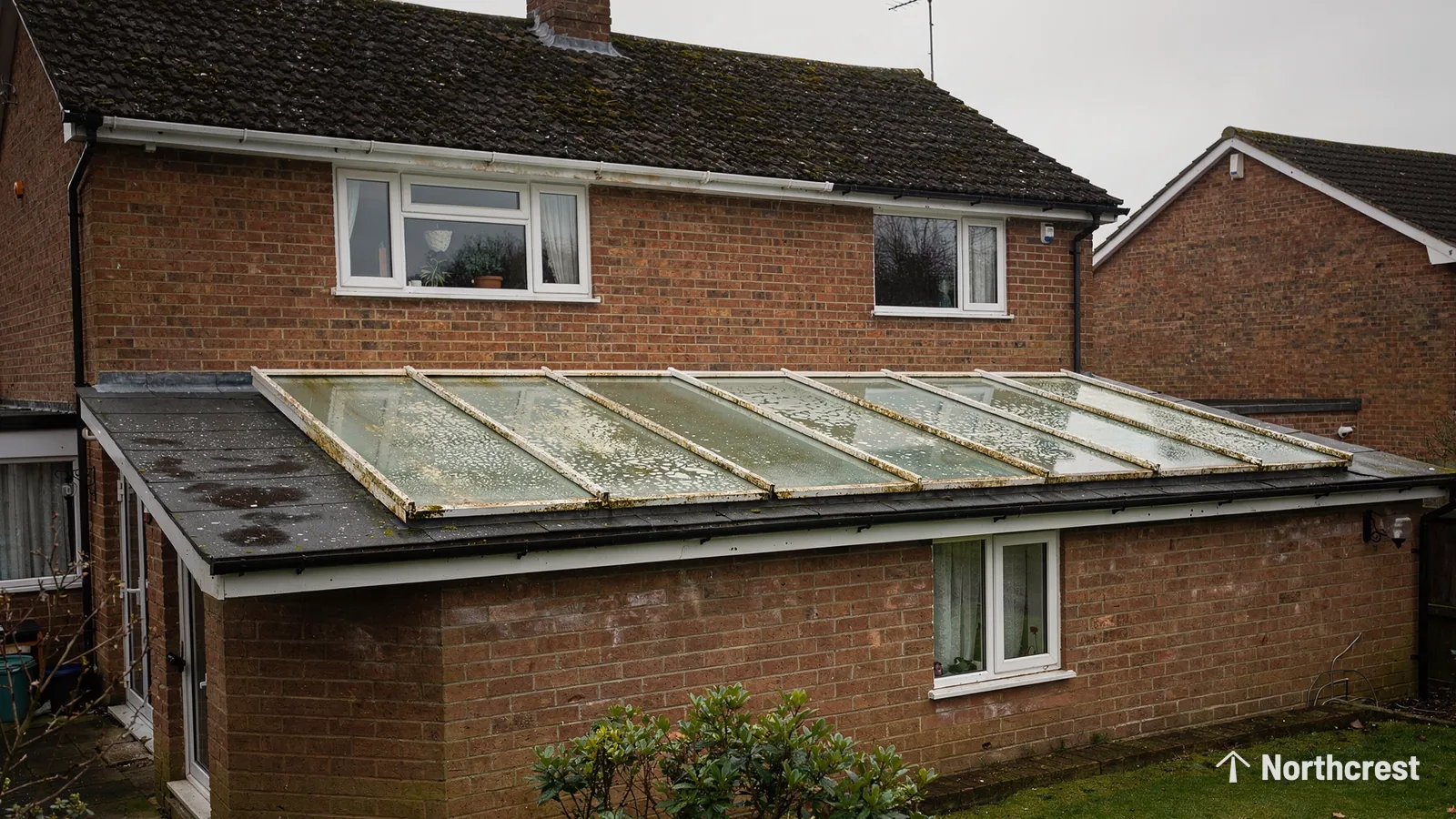 Old glazed lean-to roof with dirty glass panels on a single-storey brick rear extension