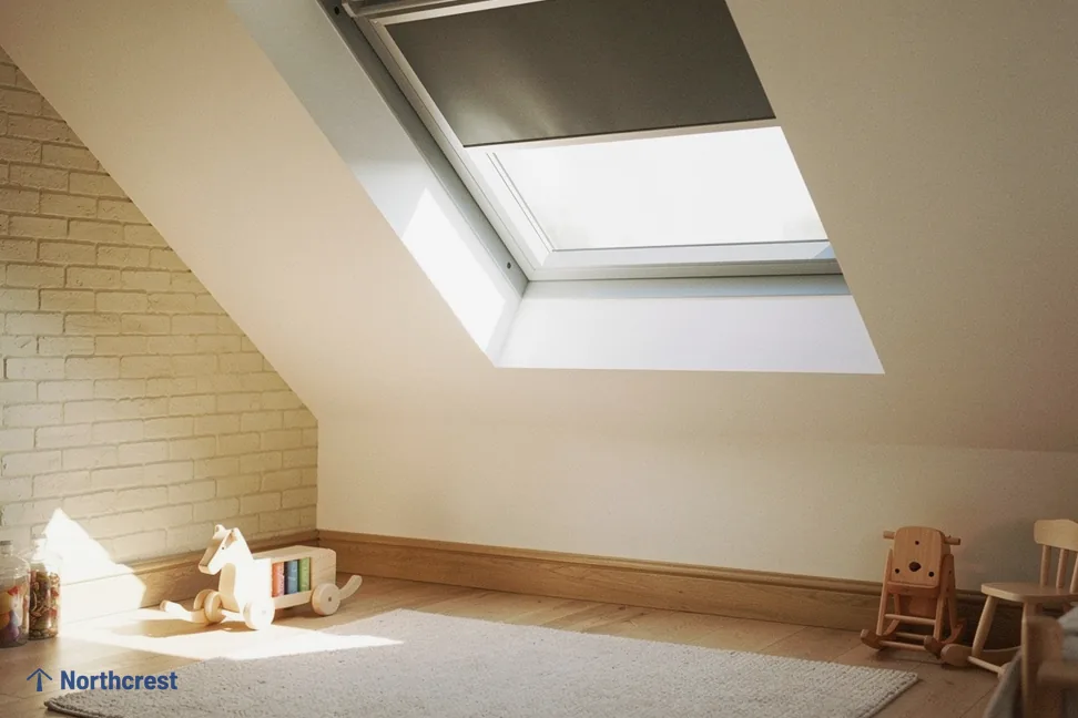 Nursery with wooden toys and painted brick wall under a roof window with dark blind