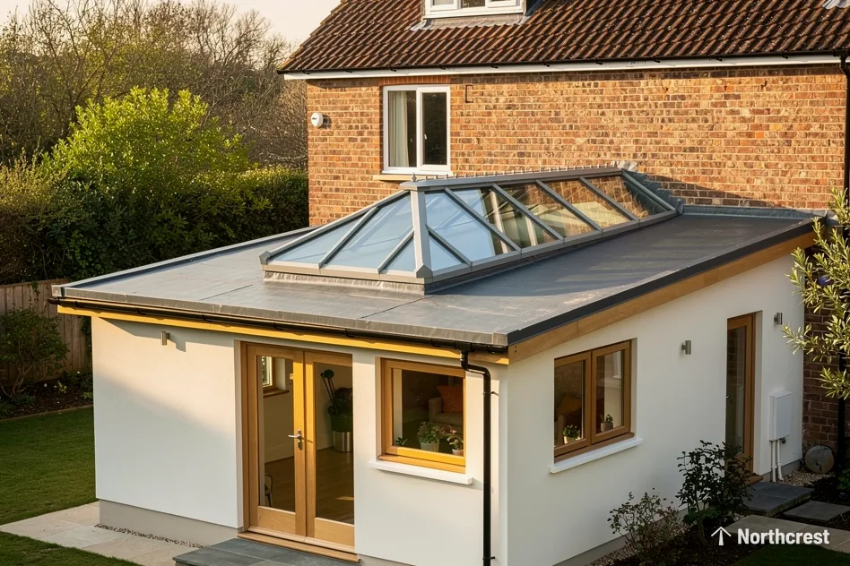 Rendered single-storey extension with a hipped roof lantern on a grey flat roof and oak framed doors