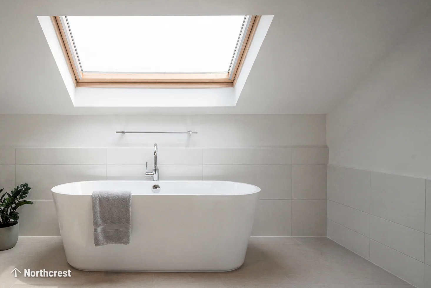 Bright bathroom with freestanding bath under a pine roof window in the sloping ceiling