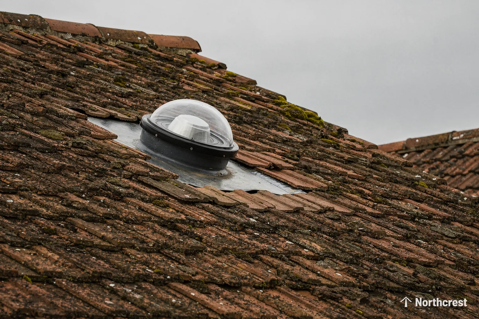 Clear sun tunnel dome with flashing set into a mossy clay tile roof