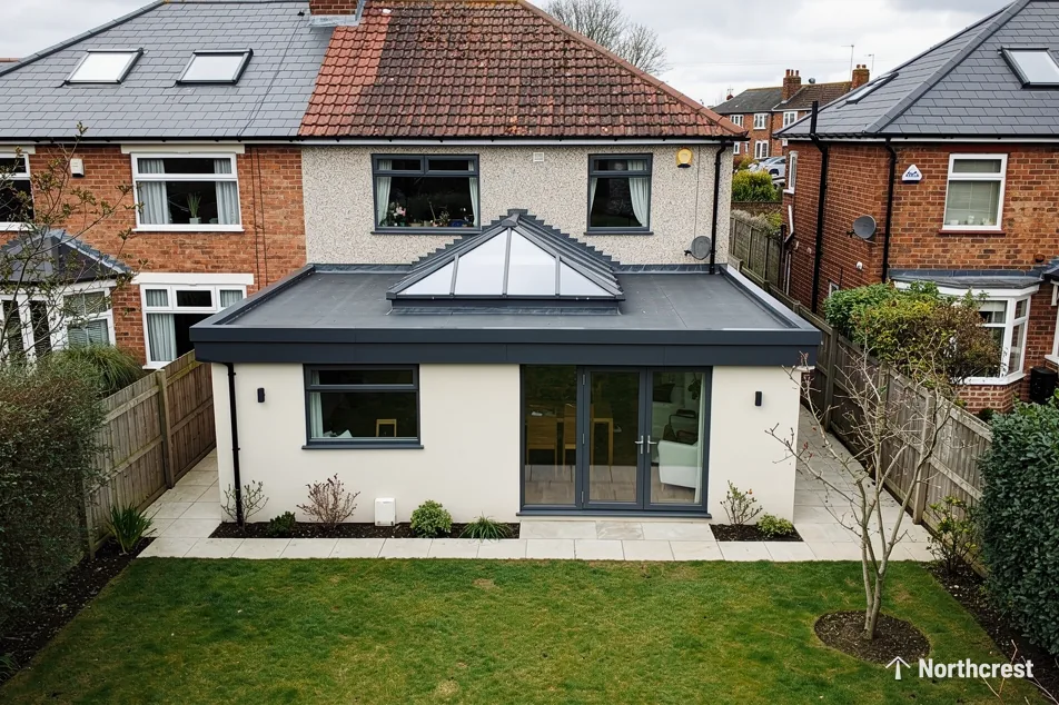 Rendered rear extension with grey flat roof and hipped roof lantern overlooking a long garden