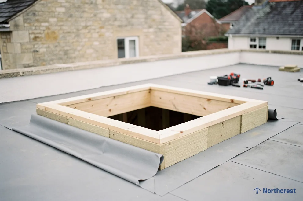 Timber upstand on a grey single-ply flat roof with membrane being dressed and tools nearby