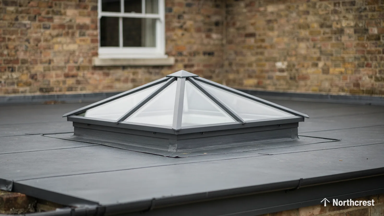 Square roof lantern with a grey aluminium frame on a charcoal flat roof beside a brick wall