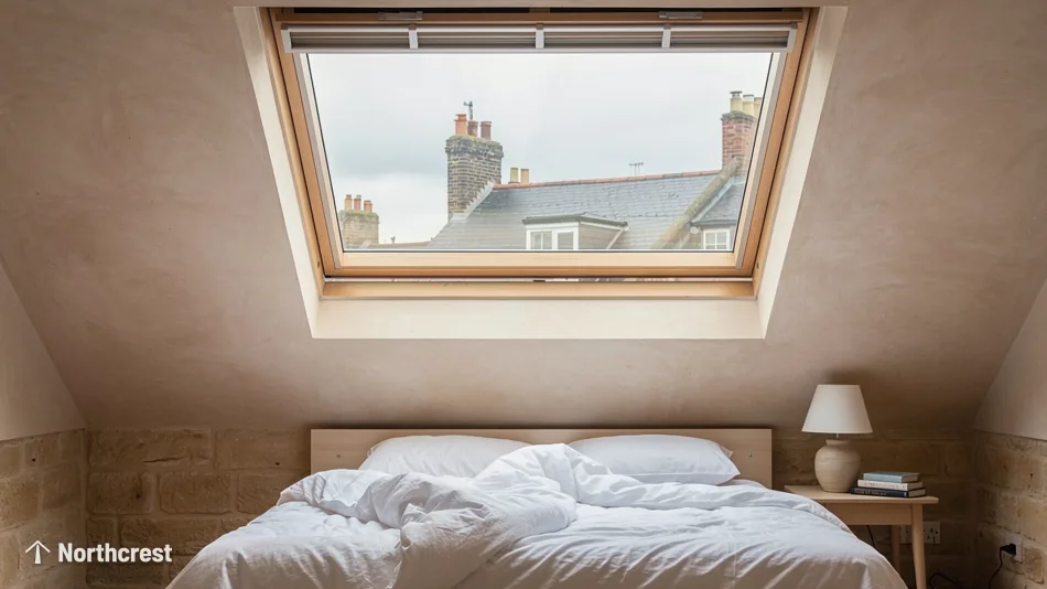 Loft bedroom with an exposed stone wall below a pine roof window and chimney stacks beyond