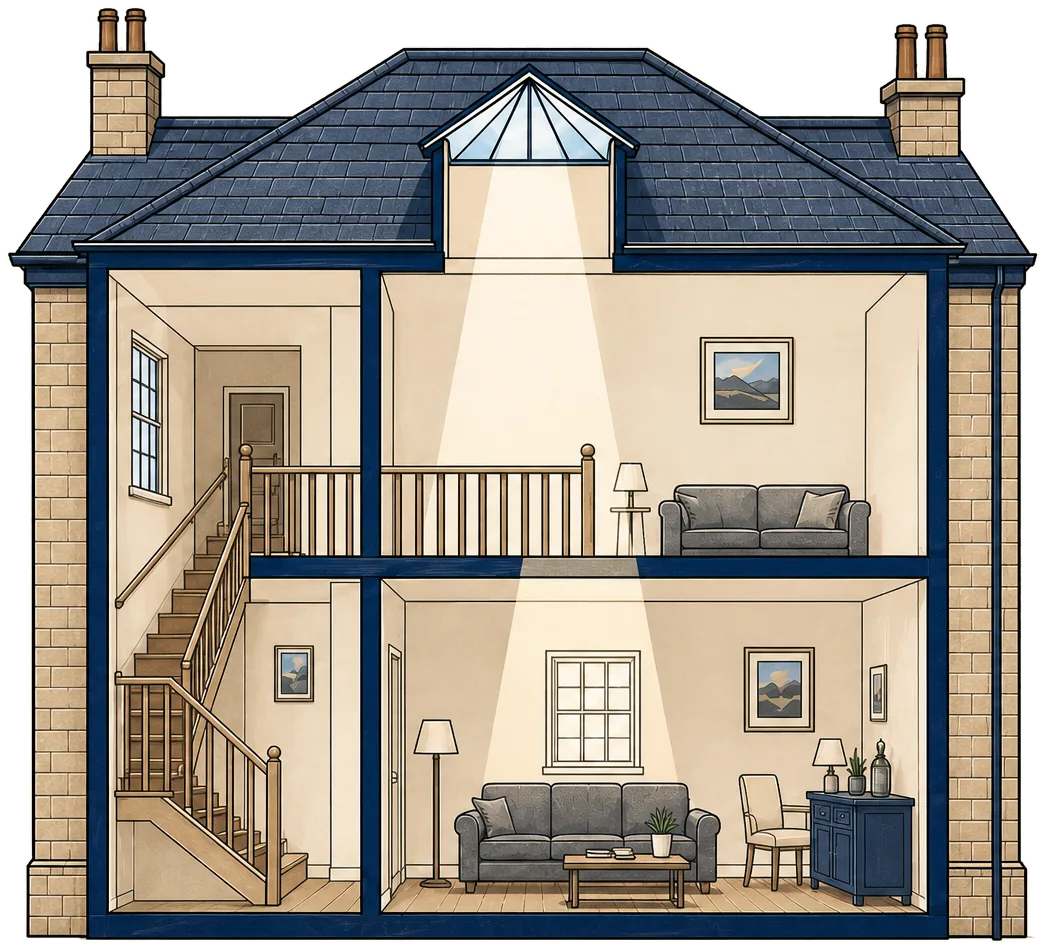 Cut-away drawing of a stone house: daylight from a roof lantern falls down the stairwell and into the landing and the rooms below.